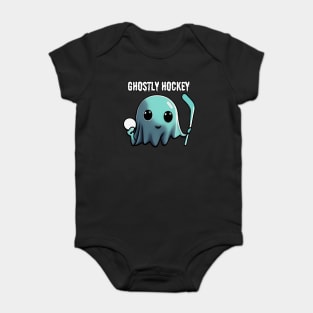 Cute ghost playing hockey: The adventures of a Ghostly Hockey Player, Halloween Baby Bodysuit